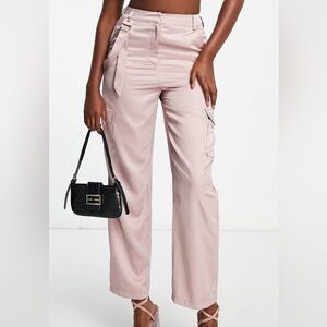 Pink Satin Slim Cargo Pants